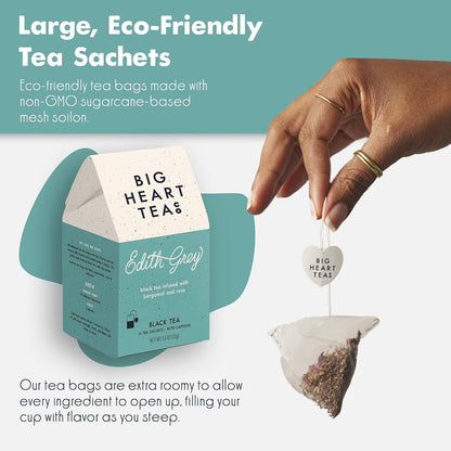 Big Heart Tea Co. Tea Bags - Edith Grey - Direct Trade Malawi Caffeinated Black Tea in Zero Plastic Sachets with Small Batch Organic Whole Herbs - Red Rose, Bergamot Oil, 10 Tea Bags