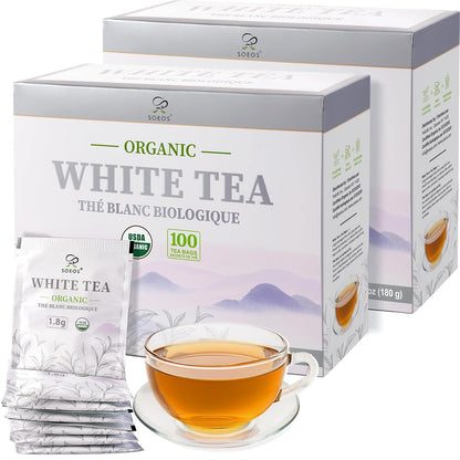 Soeos Organic White Tea, 100 Tea Bags, Pack of 2, Total 200 Teabags, Individually Wrapped Teabags, Low Caffeine, Subtle Floral Aroma & Smooth Taste, Quality Tea for Everyday Brewing, Perfect for Hot or Iced Tea Lovers, 6.3oz (180g) of Each