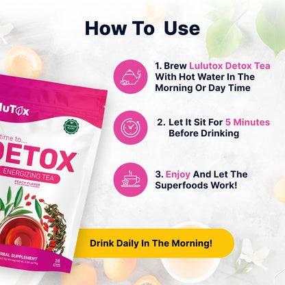 LULUTOX Detox Tea - Herbal Blend with Dandelion and Ginseng - Supports A Healthy Weight, Digestive Health - Vegan, All Natural, Laxative-Free - Peach Flavor (28 Servings)