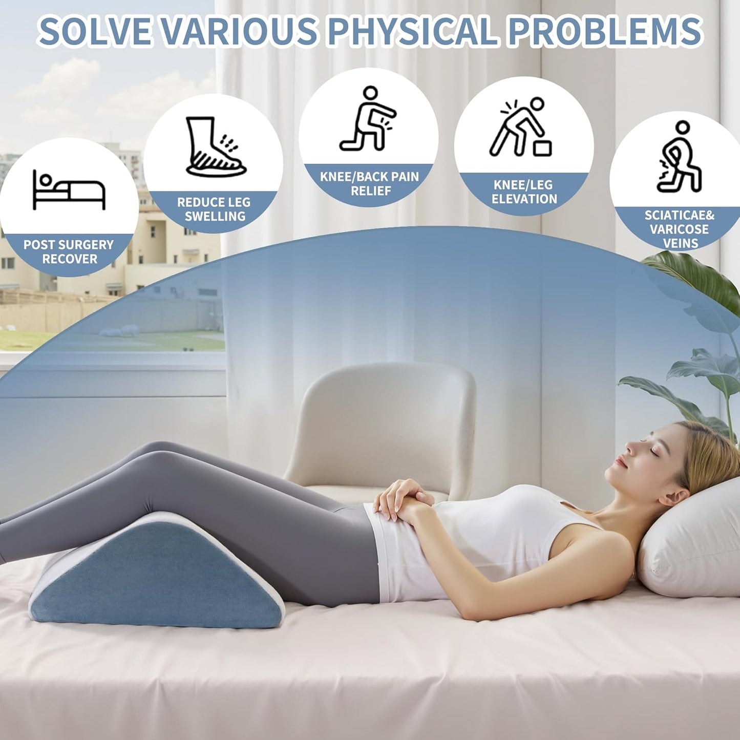 Knee Wedge Pillow, 8" Knee Pillow for Back Sleeping Leg Elevation Leg Pillow, Triangle Pillow for Legs Post Surgery, Knee Support, Hip Back Pain Relief