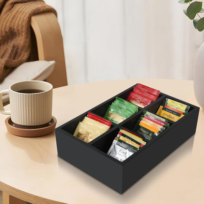 Tea Bag Box Black 6 Compartments Tea Organizer Storage Wood Drawer Station