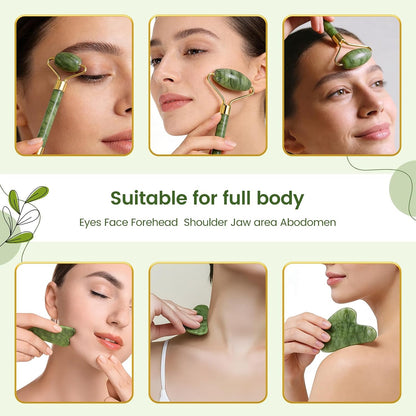 Jade Roller & Gua Sha Set - Natural Jade Face Roller Facial Massage Skincare Tools for Women,Reduce Puffiness and Fine Lines (Forest Green) | natural jade roller,gua sha tool,ice roller to reduce puffiness,dual head massage roller