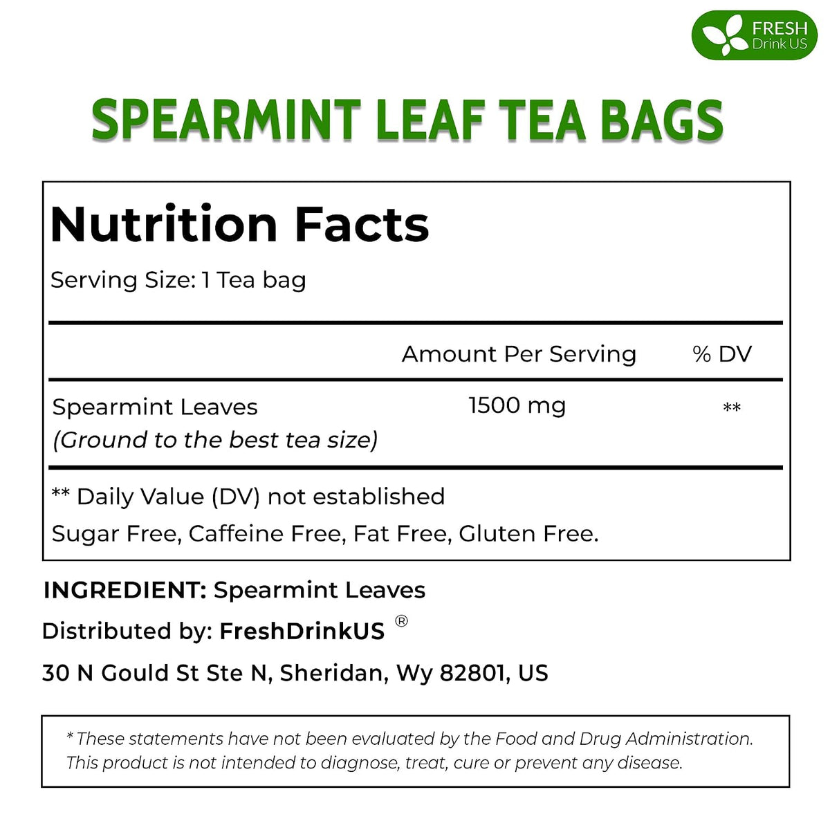Spearmint Tea Bags, 100% Natural & Pure Spearmint Leaves. Loose Leaf Spearmint Herbal Tea. Spearmint Leaf Tea. No Sugar, No Caffeine, No Gluten, Vegan.