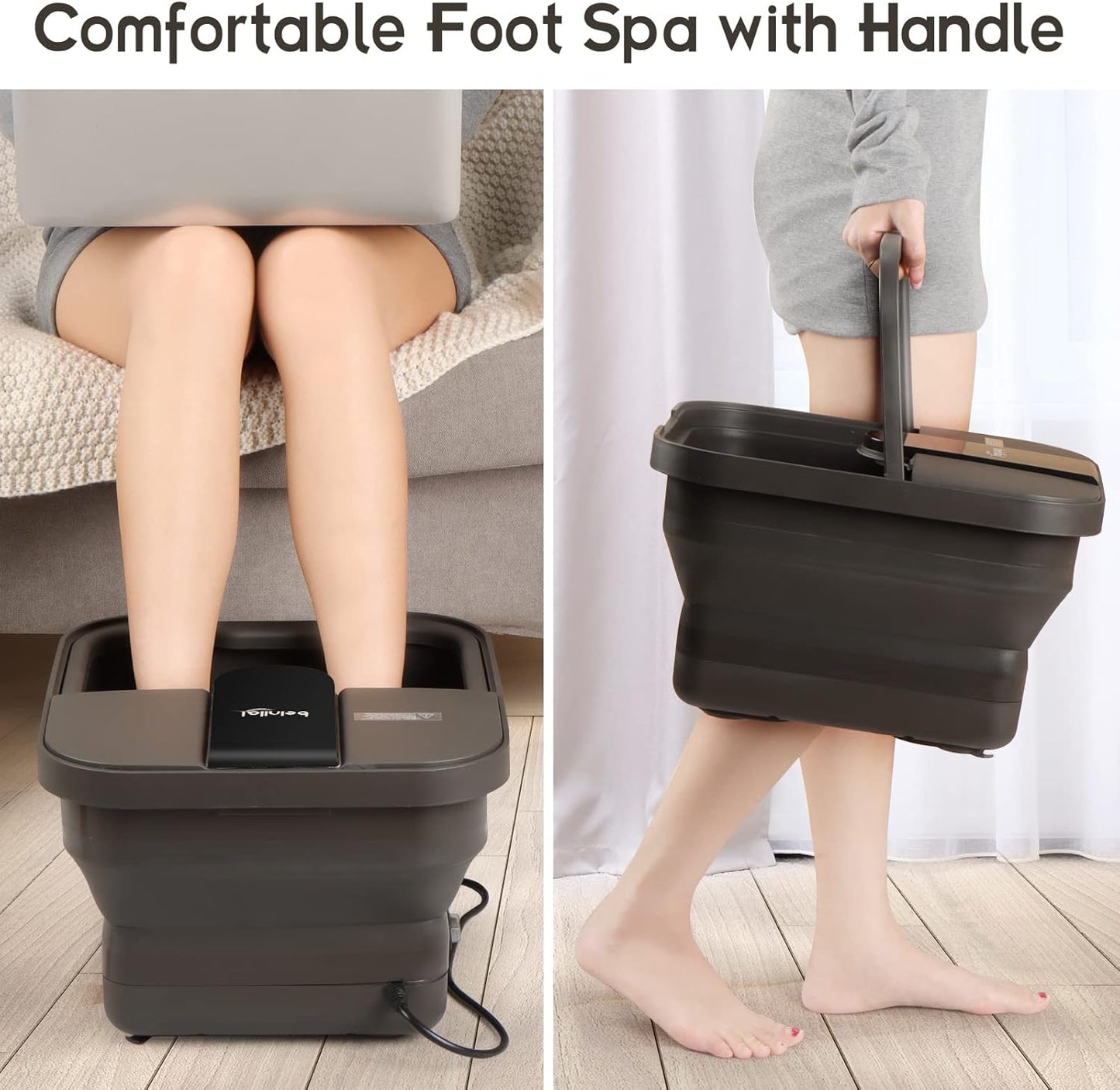 Beinilai Collapsible Foot Spa,Foot Bath with Heat and Massage and Bubble Jets,Foot Soak Tub with Six Non Motorized Rollers,Acupressure Massage Points,Red Light and Removable Pumice Stone