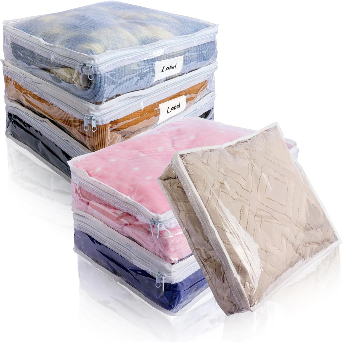 Clear Zippered Plastic Clothes Storage Bags, 6 Pack, White