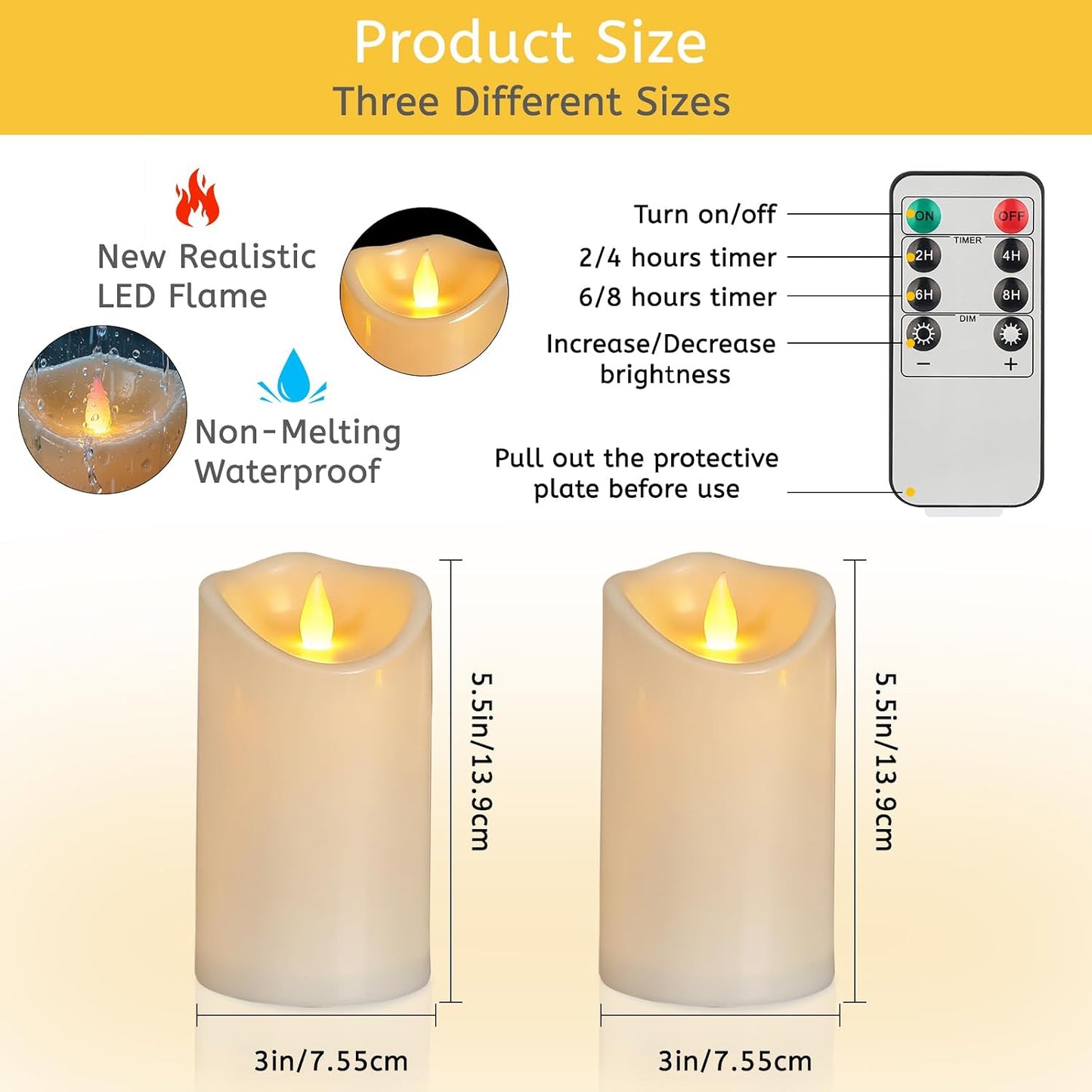 Flameless Candles 4" 5" 6" Set of 3 Outdoor Indoor Ivory Pillars Battery Operated Flickering Candles with Cozy Climbing Flame Effect, 8-Key Remote Timer, Plastic LED Candles for Wedding Decor