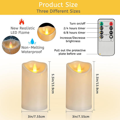 Flameless Candles 4" 5" 6" Set of 3 Outdoor Indoor Ivory Pillars Battery Operated Flickering Candles with Cozy Climbing Flame Effect, 8-Key Remote Timer, Plastic LED Candles for Wedding Decor