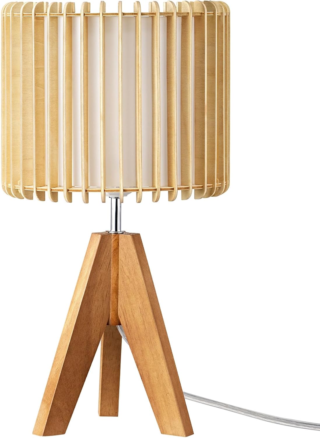 EDISHINE Tripod Table Lamp, Small Cute Bedside Lamp with Linen Beige Lampshade, Nightstand Lamp for Nursery, Bedroom, Kid Room, Living Room, Light Brown Wooden Base, E26 Socket, 14.2 Inch