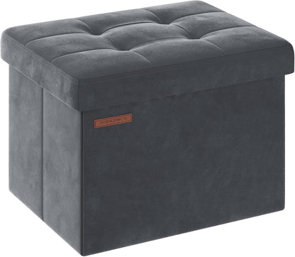 SONGMICS Small Folding Storage Ottoman, Foot Rest Stool, Cube Footrest, Synthetic Leather, 12.2 x 16.1 x 12.2 Inches, 286 lb Capacity, for Living Room, Bedroom, Dorm, Ink Black ULSF100B01