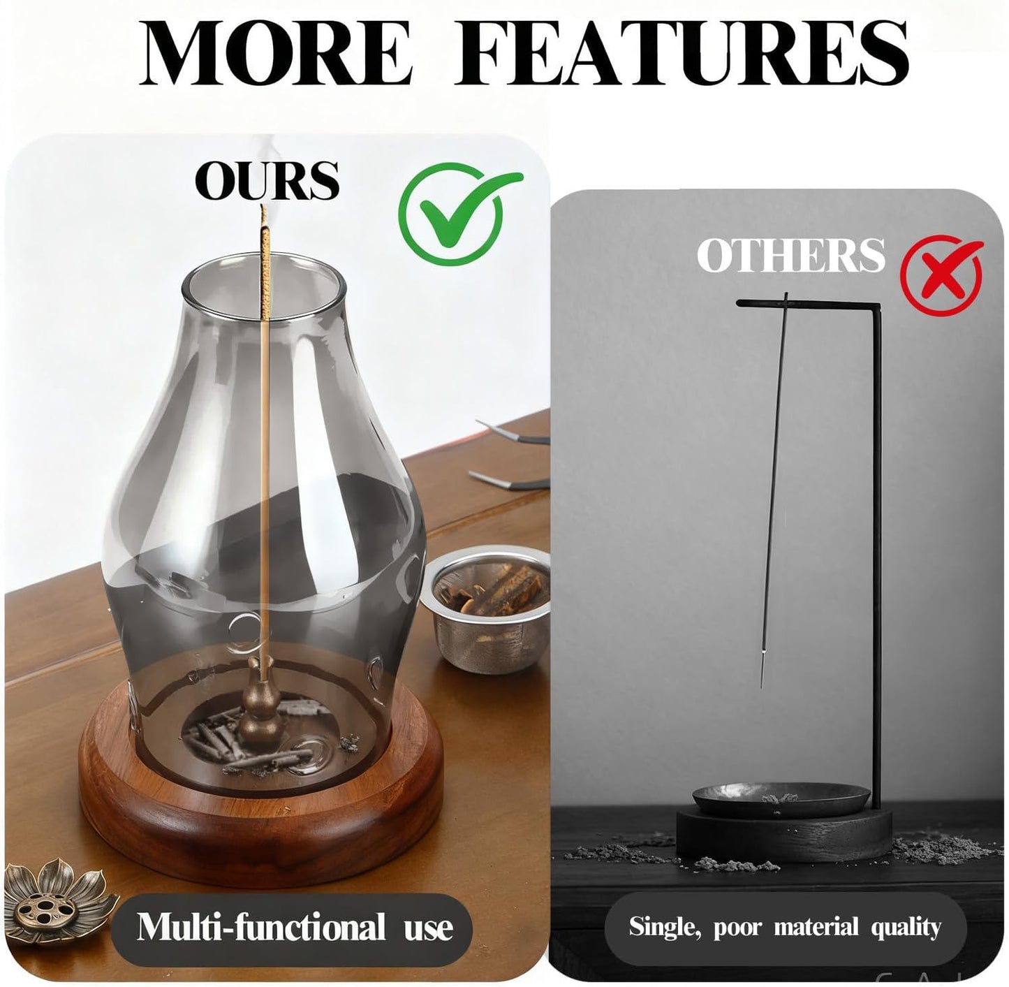 Glass Incense Holder for Sticks, Wooden Incense Stick Holder with Ash Catcher, Modern Insence-Stick Holder, Anti-Ash Flying Incent Holder for Yoga Spa Meditation Zen Home Decor (Transparent)