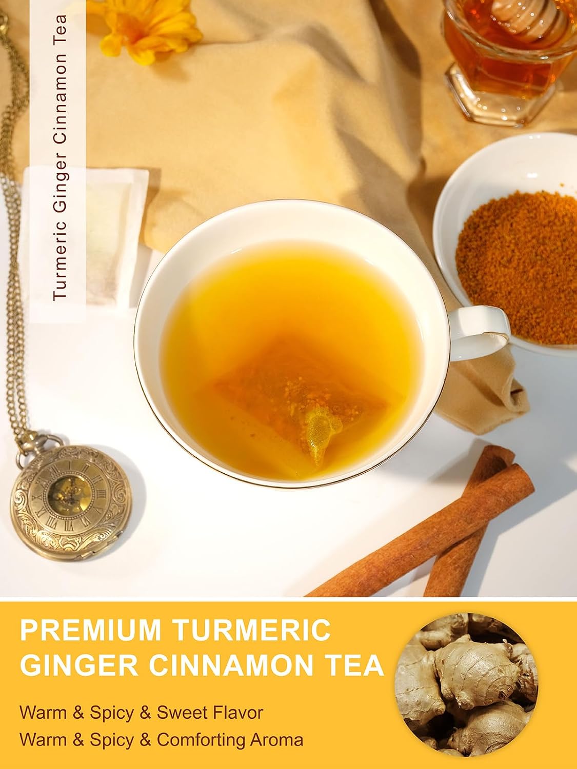 TeeLux Turmeric Ginger Cinnamon Tea Bags, Warm Spicy Herbal Tea, 100 Count