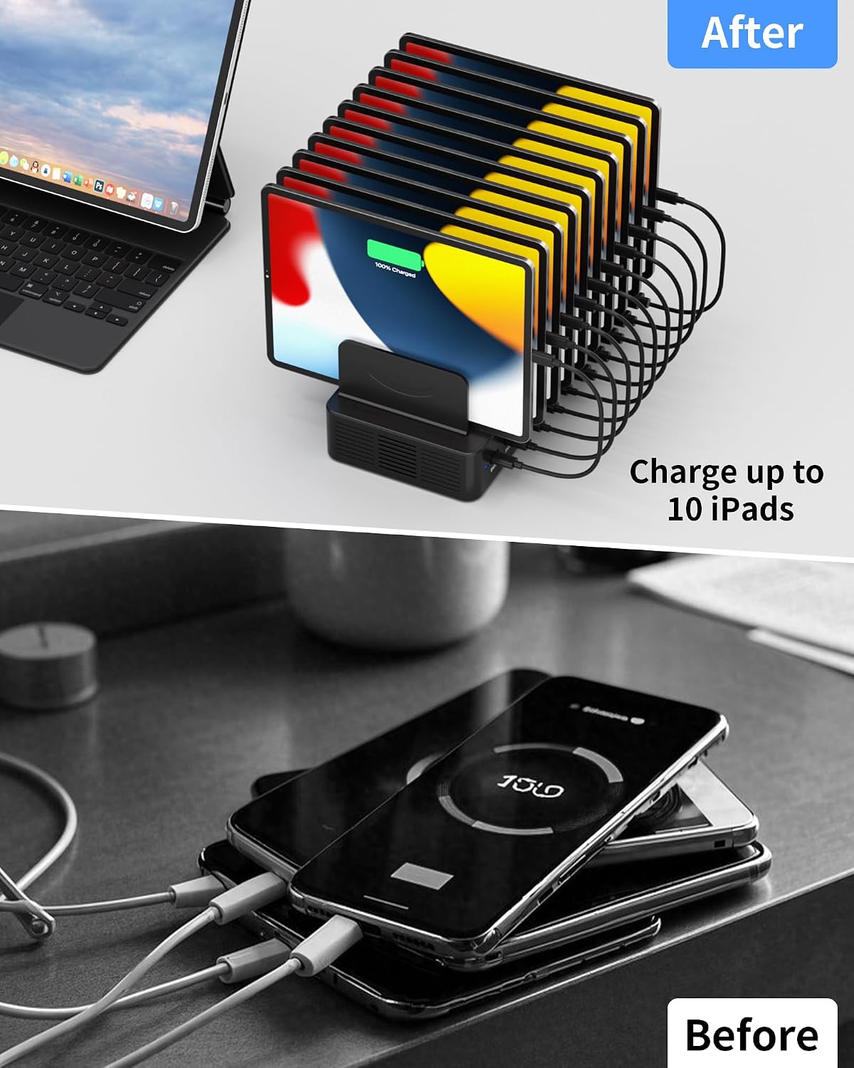 100W Charging Station for Multiple Devices, 10-Port USB Fast Charger, Black
