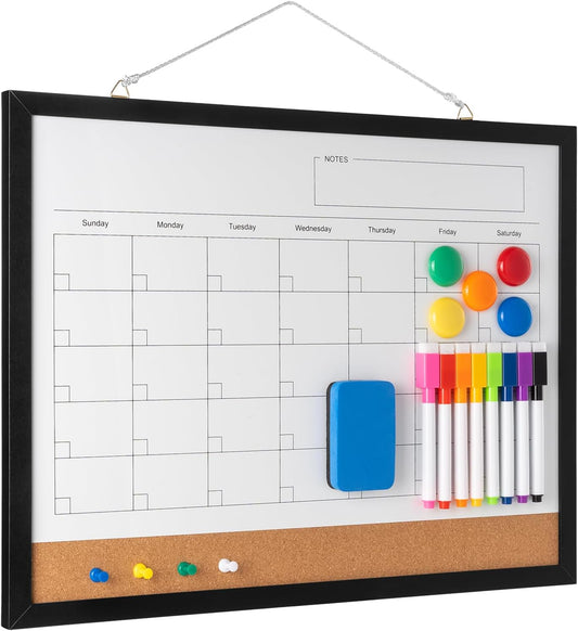 Dry Erase Calendar Whiteboard, 17" x 13" Magnetic Whiteboard Cork Board Combo, Reusable Monthly Planner with 8 Markers, Eraser, Magnets and Pushpins, Hanging Dry Erase Board for Home, School - White