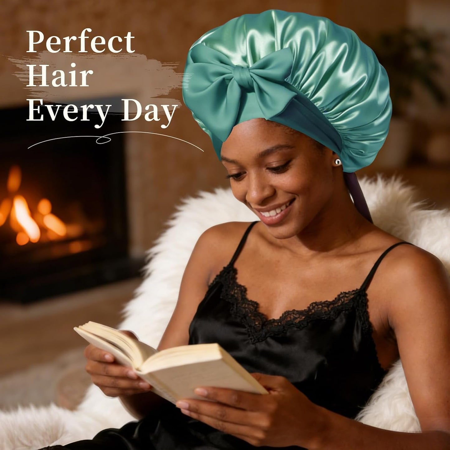 Silk Bonnet Satin Bonnet for Sleeping Large Bonnets with Tie Band Hair Wrap with Adjustable Straps Hair Cap for Women Curly Black
