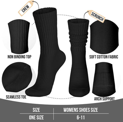 Womens Scrunch Crew Socks: Retro Solid Slouch Mid Calf Socks - Cotton Casual Athletic Socks