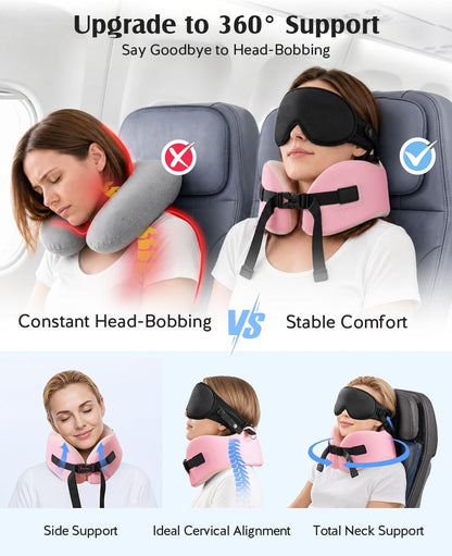 YFONG Travel Pillow for Long Flights, Patented 360° Ergonomic Sleeper Hold Head Support System with Memory Foam Neck Pillow & 3D Sleep Mask, Prevent Head Bobbing for Airplane & Road Trip, Pink