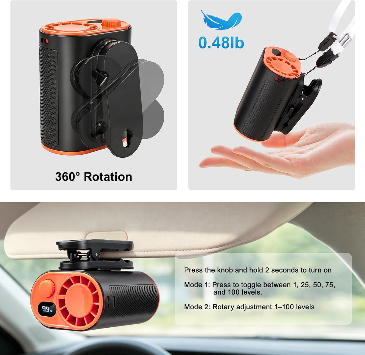 WHATOOK Waist Clip on Fan: 4000mAh Battery 15 Hours, 10m/s Cool Wind, Portable Rechargeable Wearable Personal Body Cooling Neck Fan, Handheld Cooler for Camping Travel Essentials (Black)