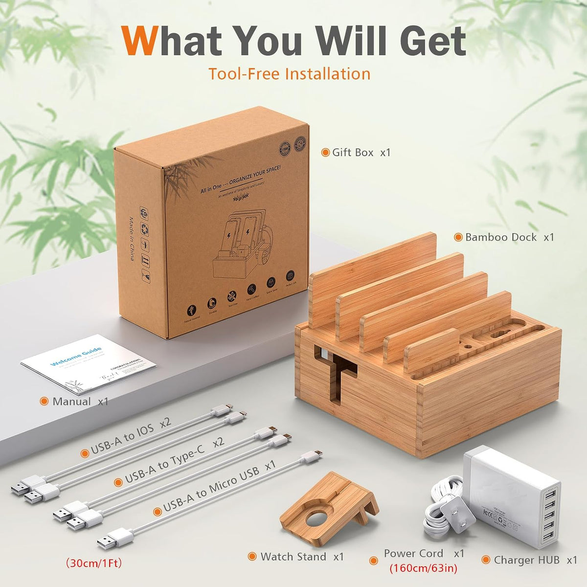 Bamboo Charging Station for Multiple Devices with USB Charger, 5 Cables