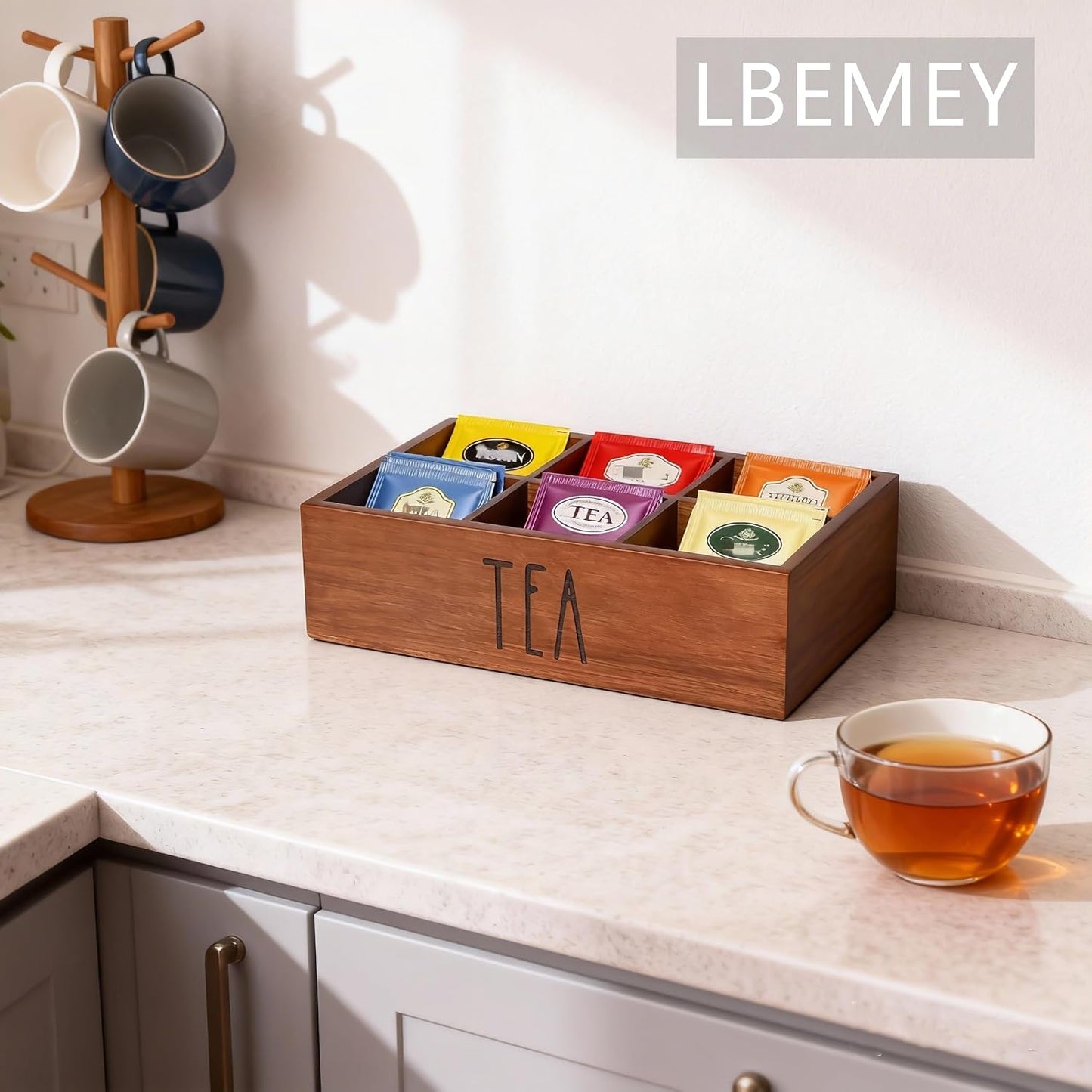 LBEMEY Tea Bag Organizer, Wood Tea Storage Containers with 6 Compartments, Sugar Packet Holder,Tea Bag Caddy Box for Cabinet Countertop Office (Brown-Labeled "Tea")