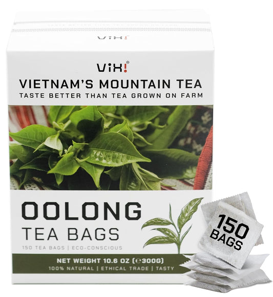 VIXI Oolong Tea Bags, 150 Counts, Vietnam's Mountain Tea, Caffeinated, Bold and Balanced Flavored, Sugar Free, Tagless, 100% Natural, Oolong Tee for Hot and Cold Brew