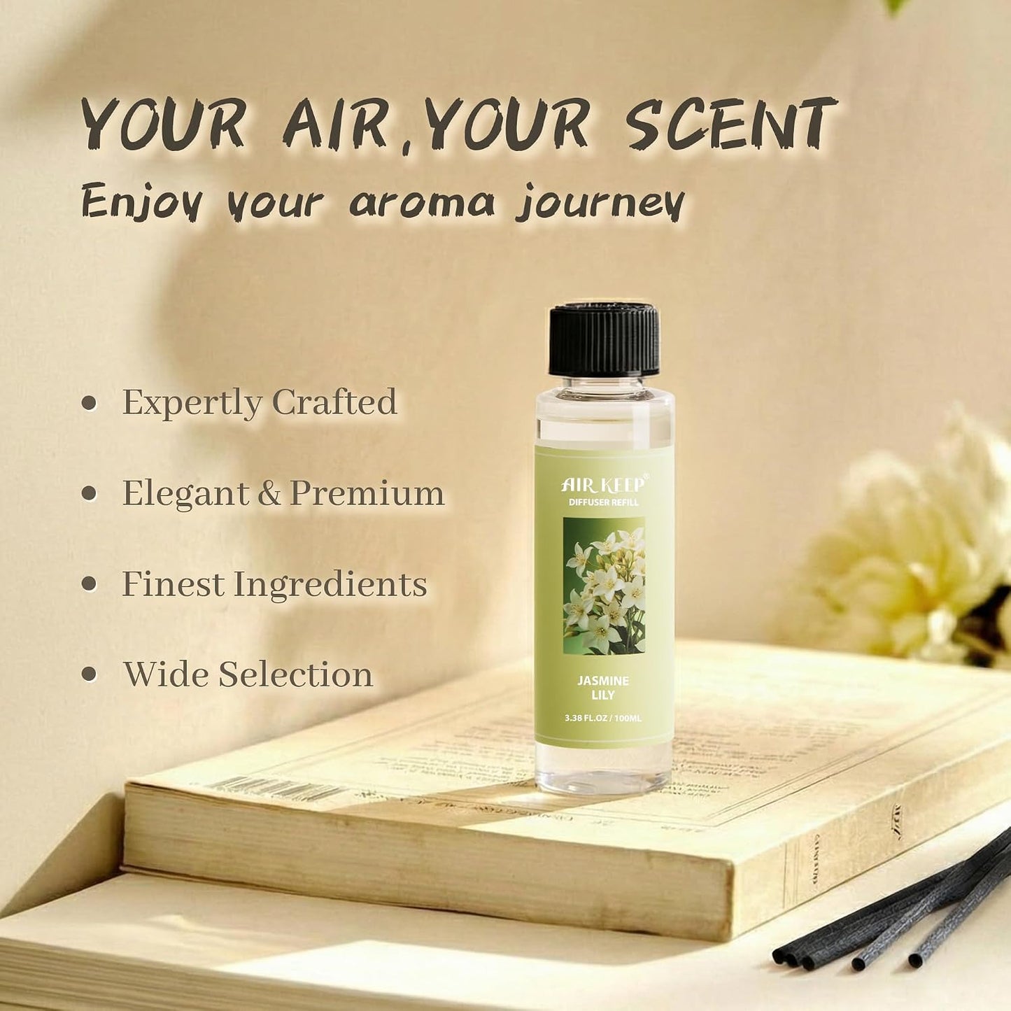 Airkeep Reed Diffuser Set,3.38 fl oz (100 ml) - Clean Linen Oil Diffusers with 8 Reed Sticks,Home Fragrance Reed Diffuser for Bathroom Shelf Decor