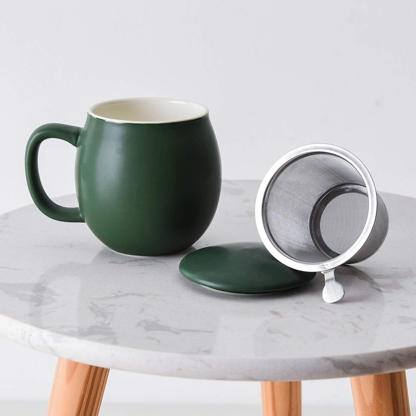 Yundu 12 OZ Matte Green Ceramics Teacup with Infuser and Lid, Mug with Lid for Steeping - Stainless Steel Infuser for Loose Leaf Tea, Home Office Gift for Tea Lovers