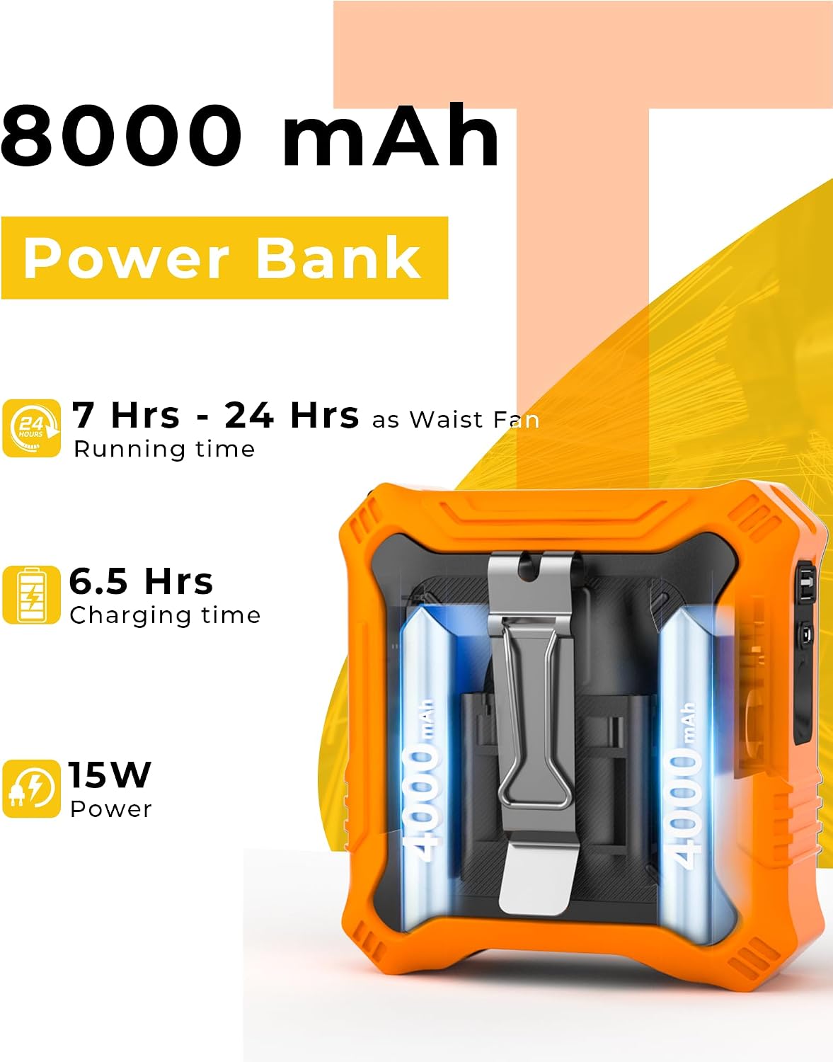 TUNISE Portable Fan with 5-Speed Settings, Dual-Sided Clip on Wearable Belt Waist Fan for 8000mAh, 2 Settings including Flashlight,Travel Essential for Outdoor Camping as Power Bank