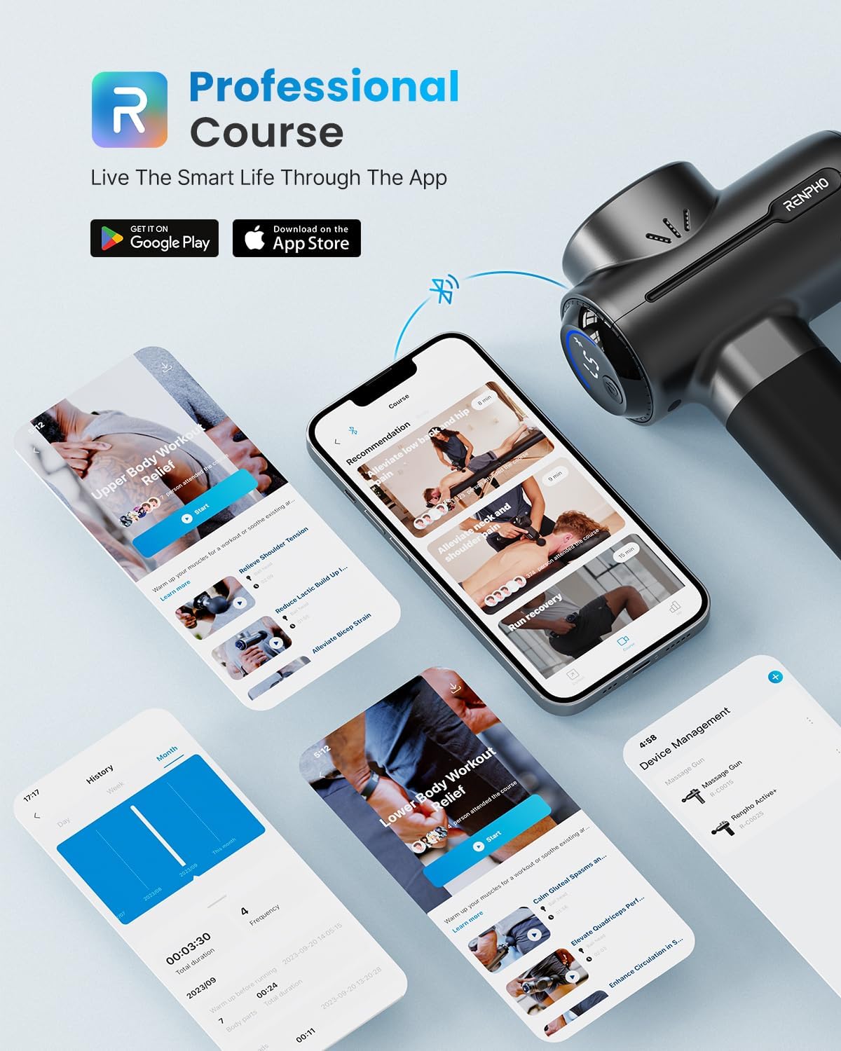 RENPHO Active+ Massage Gun, App-Controlled Guided Courses, Bluetooth