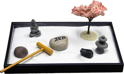 Nature's Mark Mini Zen Garden Kit for Desk with Rake, White Sand, Black Round Base, Miniature Pagoda Figure, River Rocks and Miniature Buddha Figure (6Lx6W Round B)