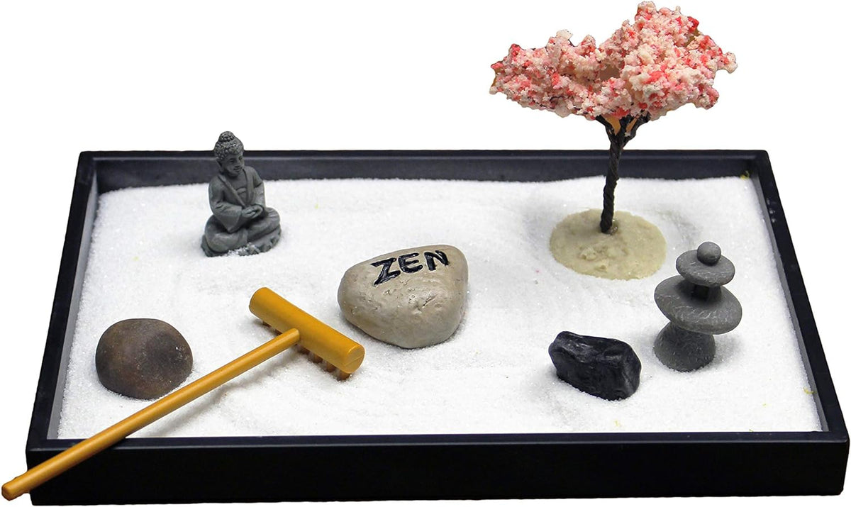 Nature's Mark Mini Zen Garden Kit for Desk with Rake, White Sand, Lotus Figure, 3 Sections Black Square Base, River Rocks and Black Rocks (9Lx9W C)