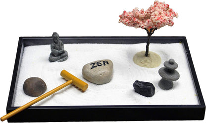 Nature's Mark Mini Zen Garden Kit for Desk with Rake, White Sand, Lotus Figure, 3 Sections Black Square Base, River Rocks and Black Rocks (9Lx9W C)