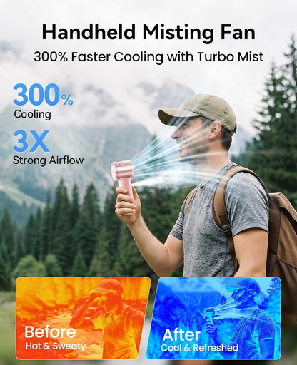 KIMMOO Portable Misting Fan, USB Rechargable Handheld Fan with Water Spray Mist, Up to 13 Hrs Cooling, 25000PRM, 100 Speeds, 50ml Water Tank, Personal Turbo Fan for Travel/Makeup/Office/Outdoor, Black