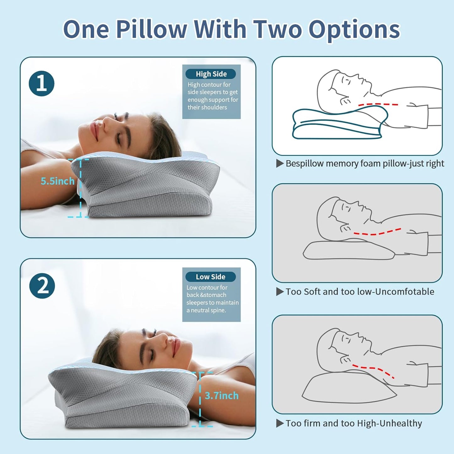 Cervical Neck Pillow for Pain Relief - Ergonomic Side Sleeper Pillow for Neck Support, Cooling Memory Foam Pillows, Contour Pillow Orthopedic Bed Pillow for Back Stomach Sleepers (Dark Grey)