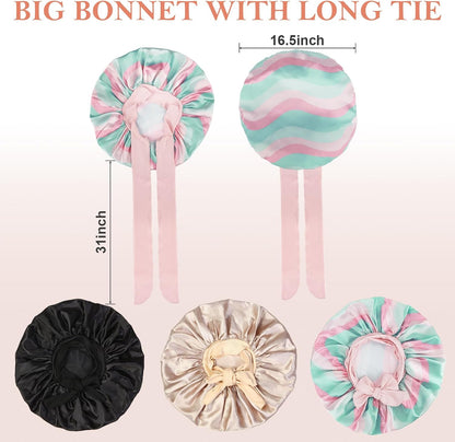 3Pcs Bonnets for Sleeping, Extra Satin Silk Bonnet for Sleeping Women with Tie Band for Curly Hair Jumbo Bonnet Braids