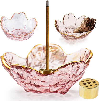 Incense Holder for Sticks and Backflow Incense, Handmade Glass Cherry Blossom Incenses Stick Holder with 9 Incenses Holes Incenses Burner Ash Catcher Ideal for Incense Burning, Home & SPA Decor