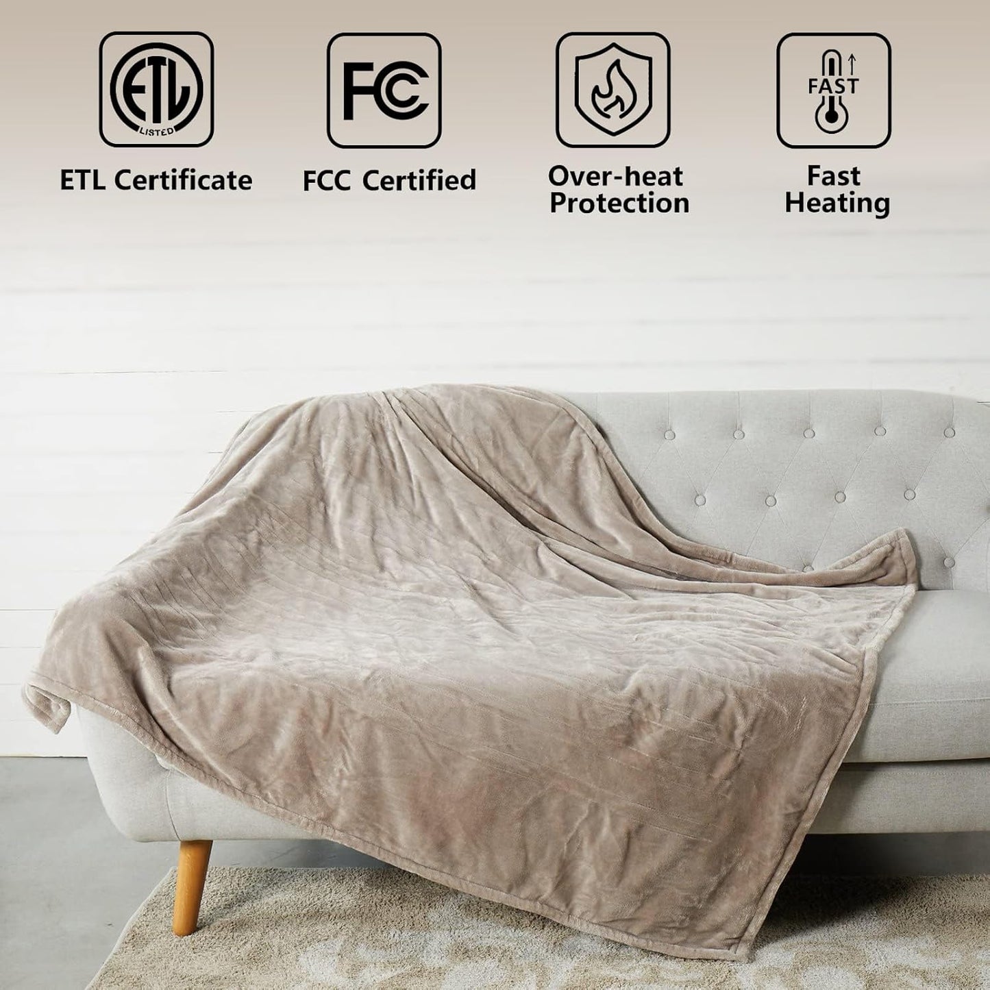 Tefici Heated Blanket Throw 50"x60", Ultra Soft 2-Layer Flannel Electric Blanket, for Home Office Sofa,3 Heat Settings, 4H Auto Off, ETL FCC Certified, Overheat Protection, Machine Washable, Camel