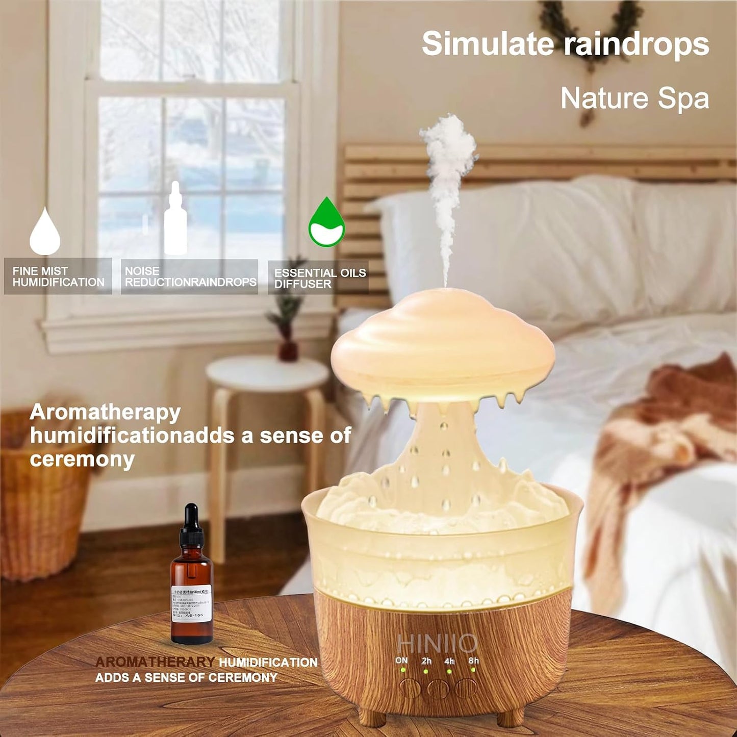 Rain Cloud Humidifier Water Drip with 7 Colors LED Night Light, Mushroom Essential Oil Diffuser with Remote Control for Bedroom Sleeping Relaxing(Wood Grain)