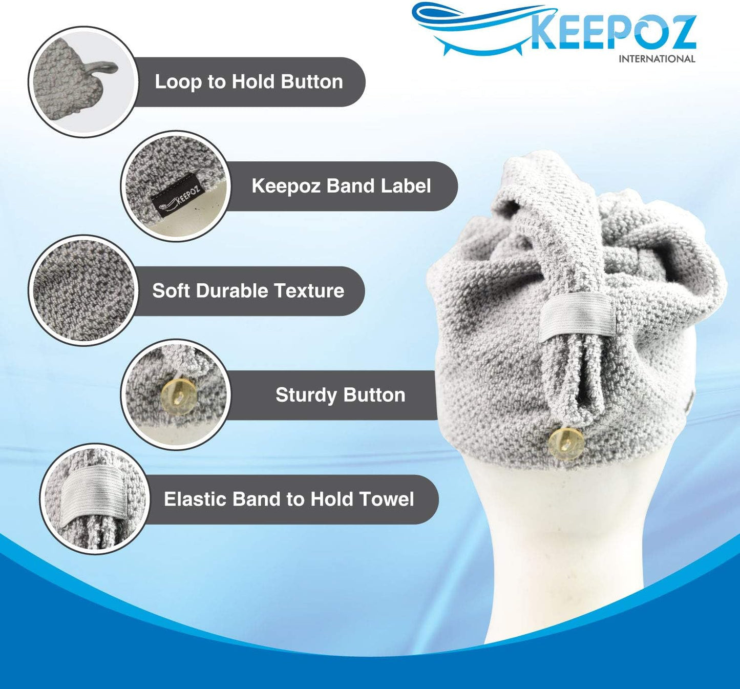 KEEPOZ 100% Cotton Hair Towel Wrap Quick Dry Super Absorbent Turban Head Wrap for Women with Button, Anti Frizz, Hair Cap for Curly, Long & Thick Hair (White, 1 Pc)