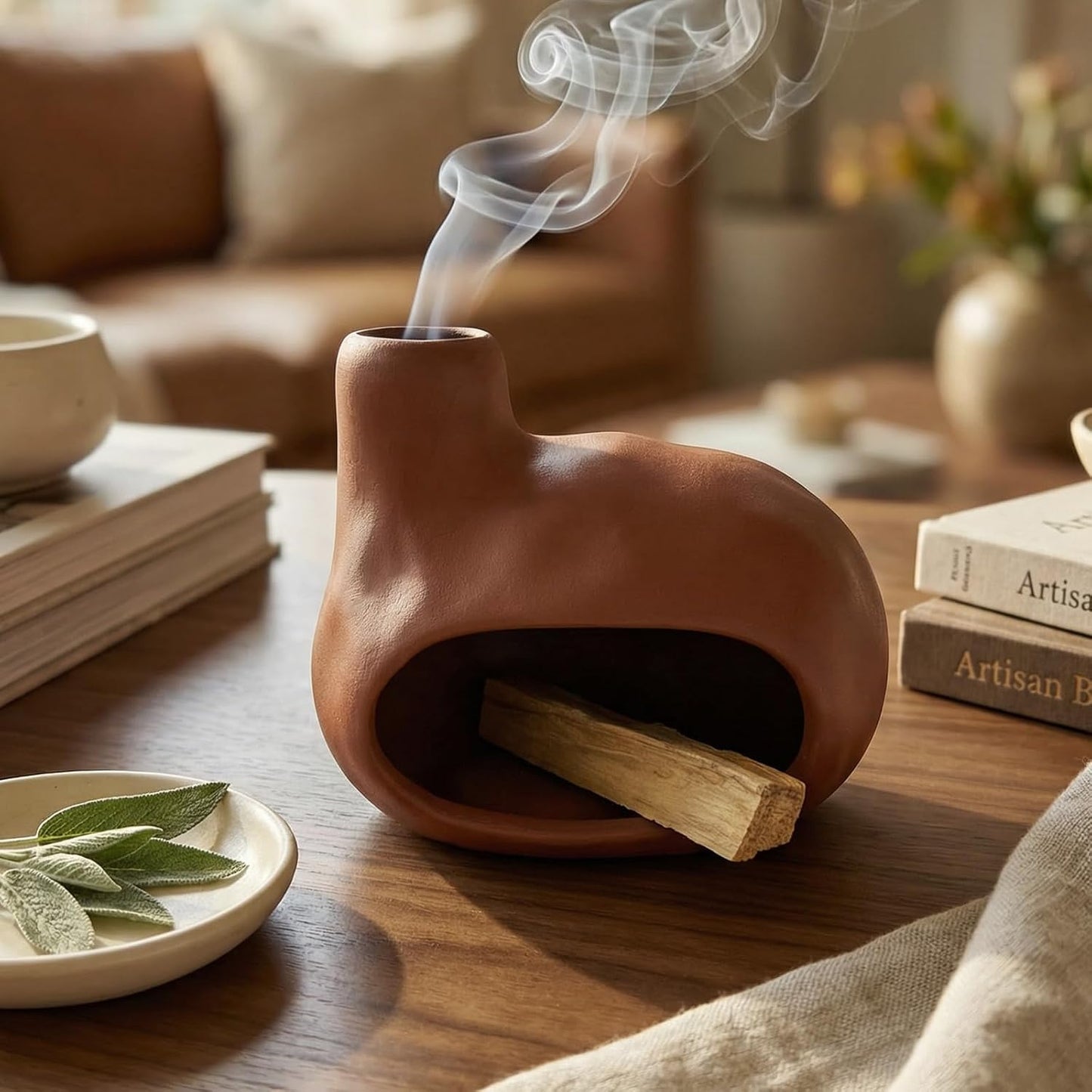 CEREMONY Palo Santo Holder -Mini Ceramic Incense Holder for Palo Santo Sticks - Palo Santo Holder for Gift-White Sage Holder for Meditation Decor (Brown-Fireplace)
