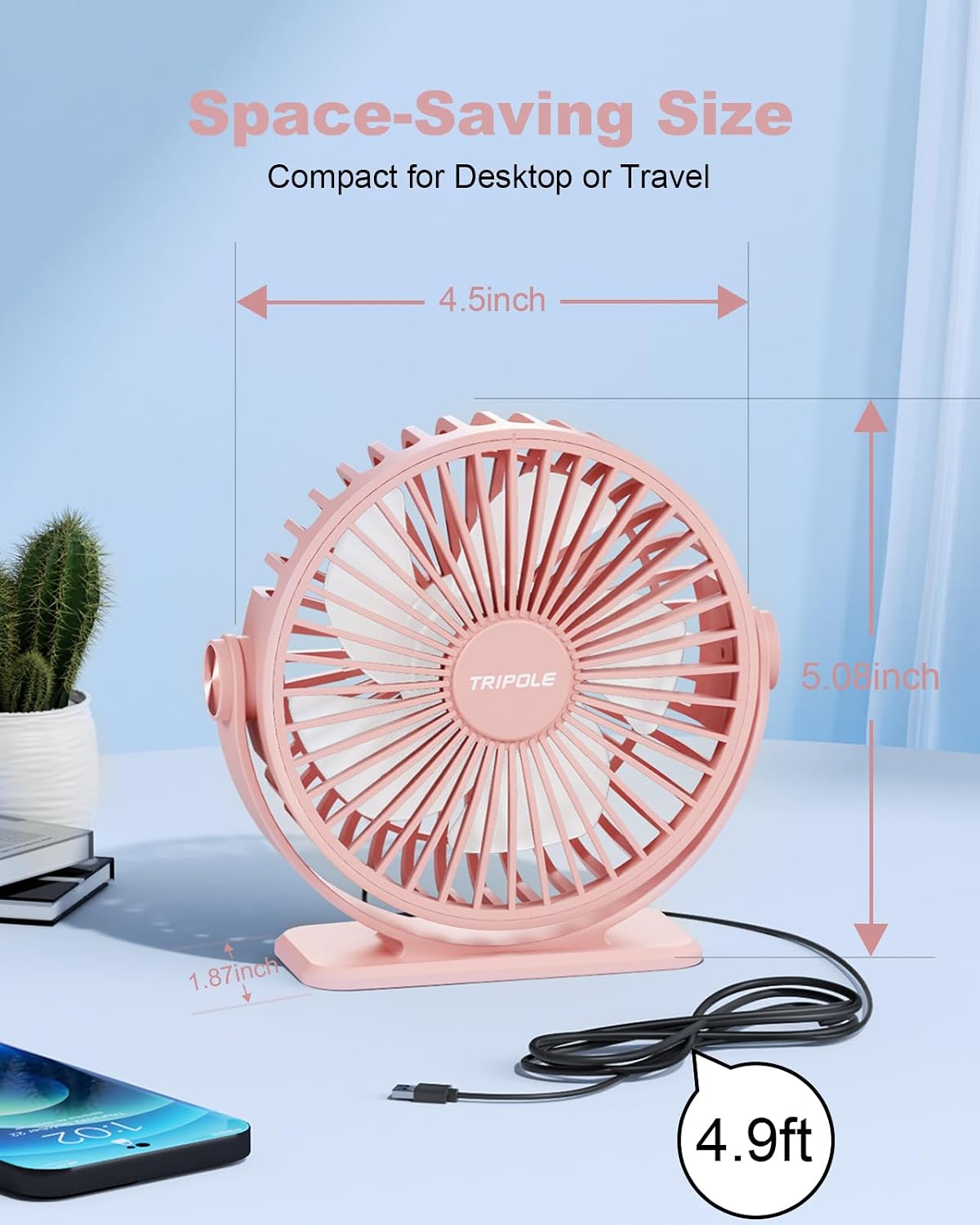 TriPole Desk Fan USB Powered Small Portable Fan, 3 Speeds Adjustable Strong Breeze Mini Personal Fans, 360° Rotation Quiet Plug In USB Fans for Desktop Bedroom Office Table Travel, Black, 4.9ft Cable
