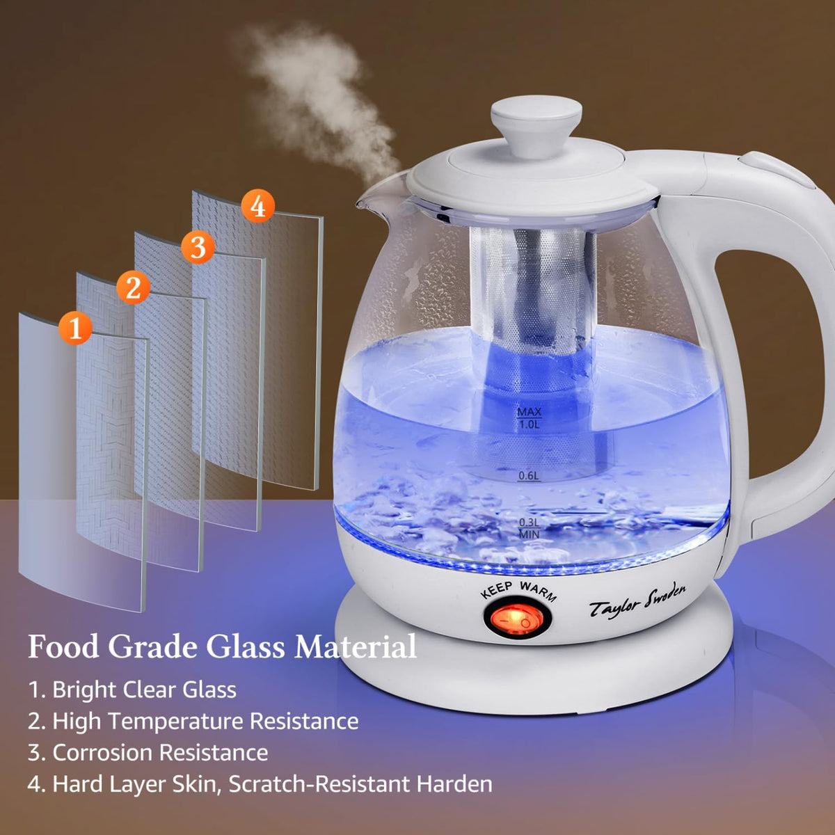 Taylor Swoden Electric Kettle with Tea Infuser, 1L Small Electric Tea Kettle with Keep Warm, LED Light Hot Water Boiler & Heater for Coffee & Teas, Auto Shut-Off & Boil Dry Protection, BPA Free, Black