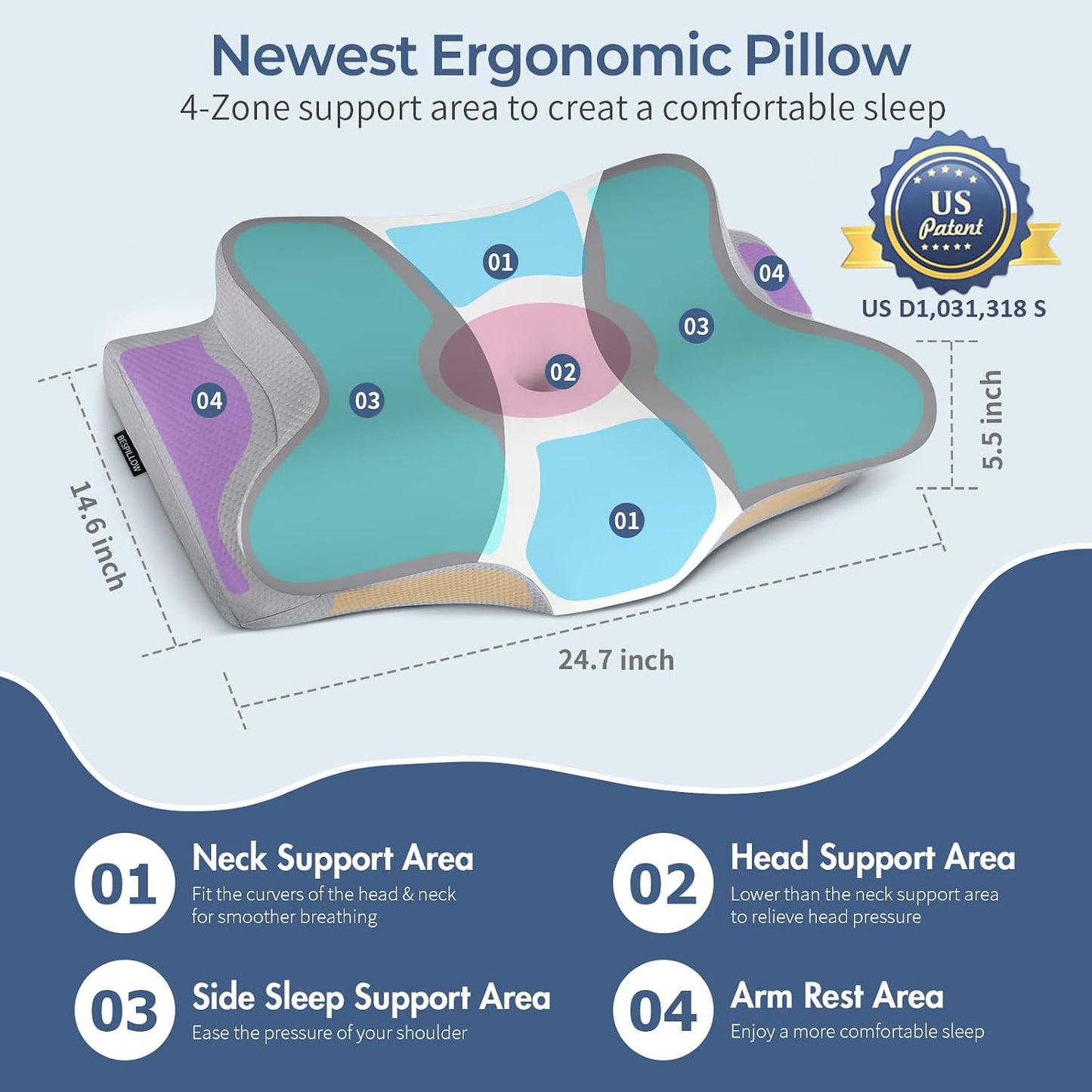 Cervical Neck Pillow for Pain Relief, Ergonomic Memory Foam Support Pillow | Orthopedic contour cervical pillow, made of premium cooling memory foam. Ideal for side, back & stomach sleepers