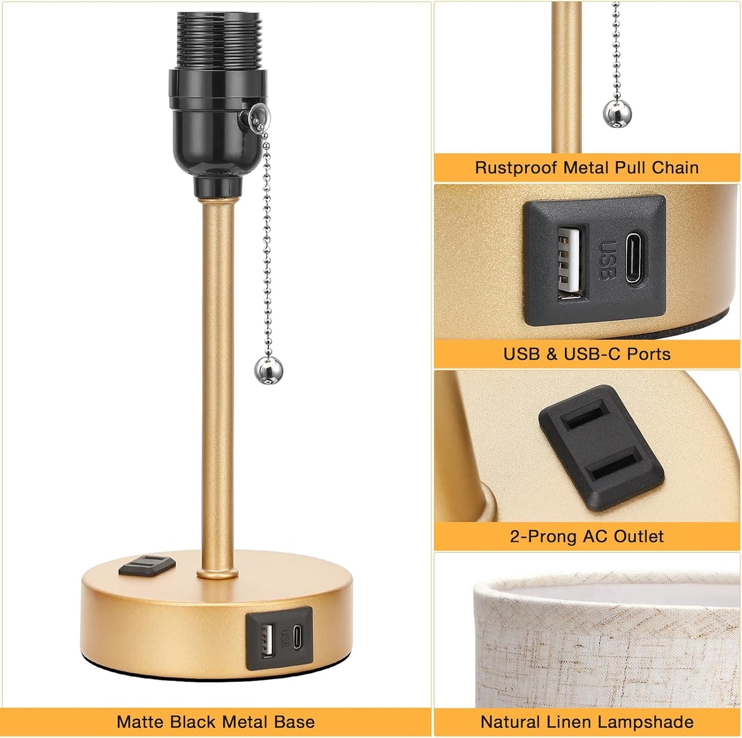 Small Bedside Table lamp for Bedroom - 3 Color Temperatures Bedside Lamps with USB C and A Ports, Pull Chain Table Lamps with AC Outlet, White Nightstand Lamps with Black Metal Base for Kids Reading