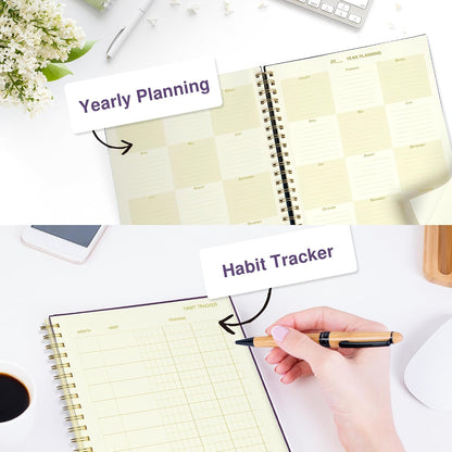 AuroPlanner Undated Daily Planner To Do List Hourly Schedule 2028 2027 2026 Calendar & Holiday Habit Tracker 180 Pages Letter Size 8.5" x 11" Sheets Hardcover Spiral Bound Notebook (Red)