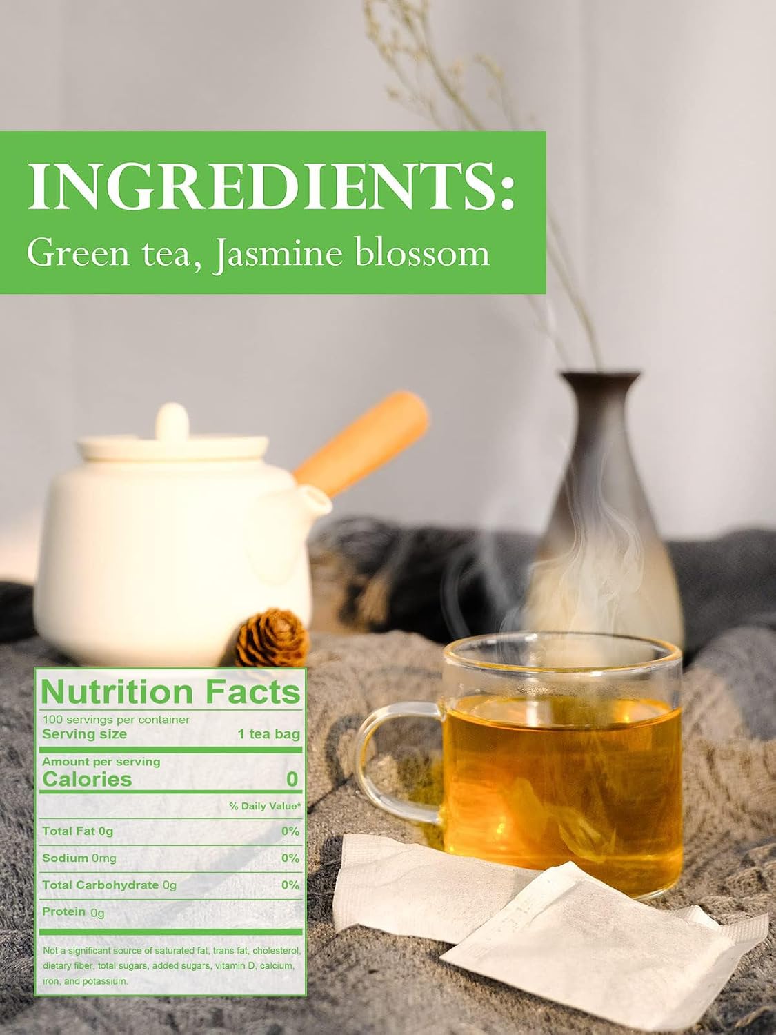 TeeLux Jasmine Green Tea Bags, Smooth Taste & Delicate Floral Aroma, 100 ct