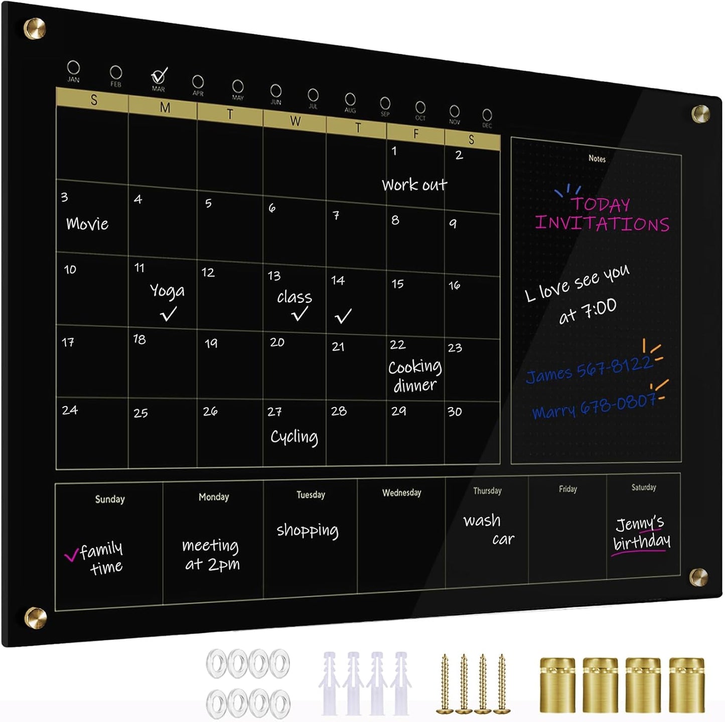Black Glass 3-1 Monthly Dry Erase Calendar Whiteboard for Wall,24"x 36",Frameless Mounting,Office/School/Home, Frameless Large Planner White Board