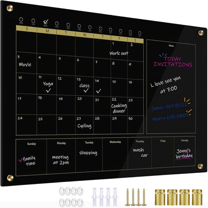 Black Glass 3-1 Monthly Dry Erase Calendar Whiteboard for Wall,24"x 36",Frameless Mounting,Office/School/Home, Frameless Large Planner White Board