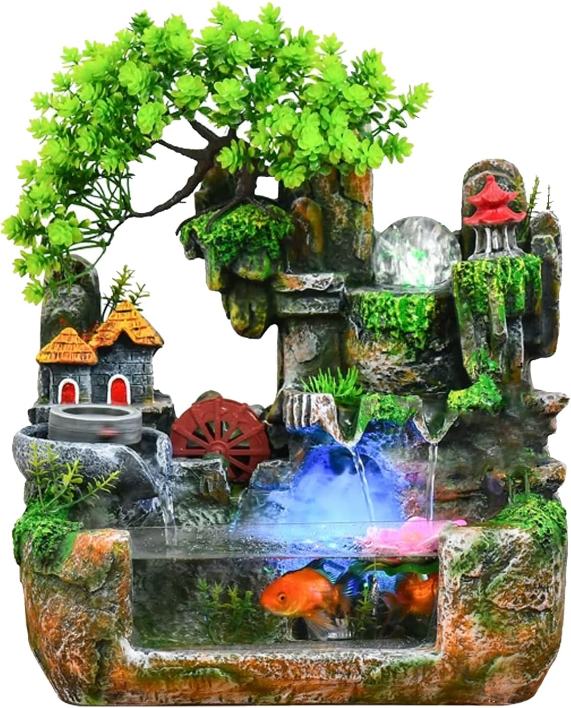 Upgraded Resin Tabletop Waterfall Fountain with LED Mist & DIY Rockery Landscape, Relaxing Desktop Water Fountain for Office, Bedroom & Home Décor, Quiet Indoor Water Feature