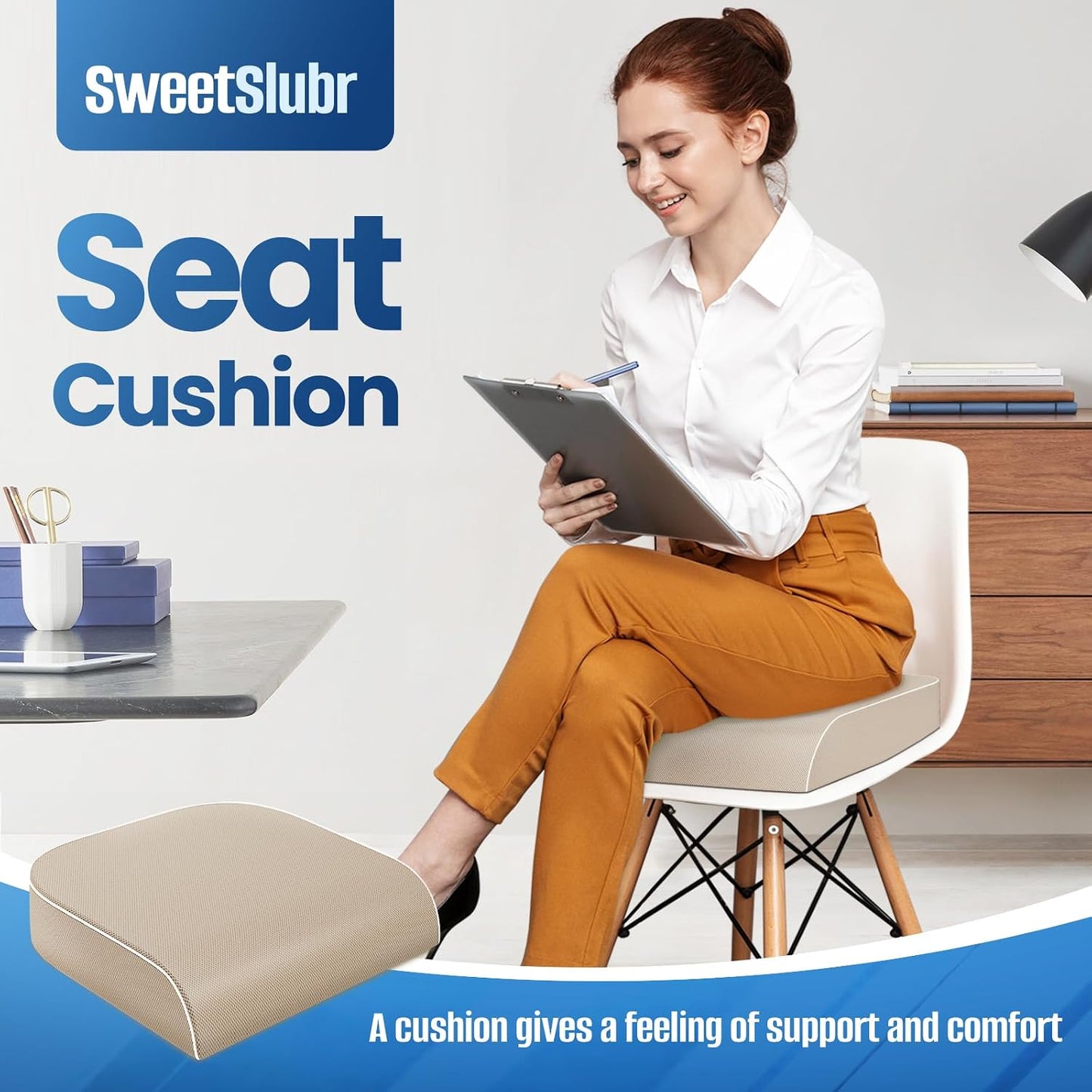 SweetSlubr Seat Cushion for Tailbone Pain Relief, Office Chair Cushion, Chair Pad, Memory Foam Large Cushion with Non-Slip Cover for Soft Support at Office Chair, Car Seat, Airplane, Black/Large