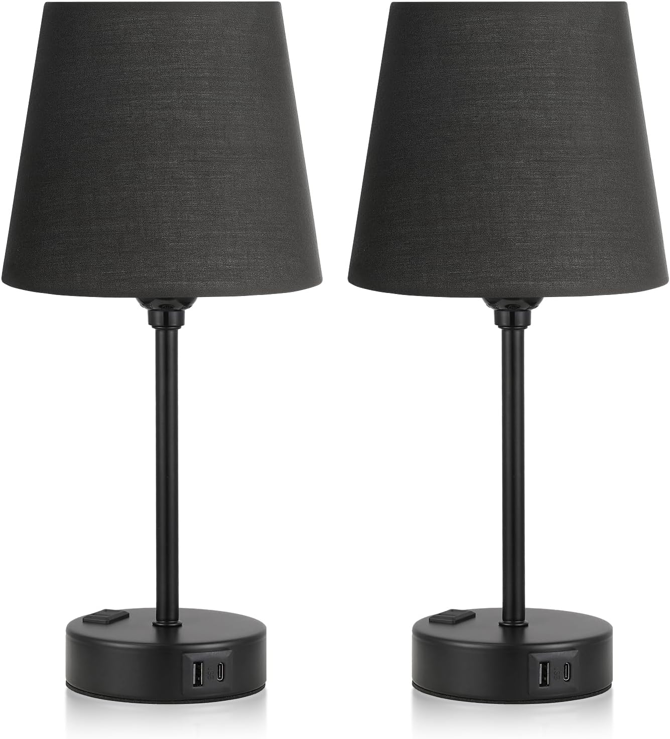 Mini Bedside Lamps for Bedrooms Set of 2 - Nightstand Bedroom Lamps with USB C Port and AC Outlet Charging, Dimmable Touch Small Bed Side Table Lamp, Black Night Stand Light for Kids/Guest Room